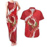 Hawaii Island Flowers Lei Couples Matching Tank Maxi Dress and Hawaiian Shirt Ohia Lehua Scarlet Red LT7 Red - Polynesian Pride