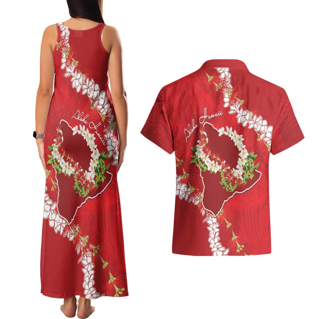 Hawaii Island Flowers Lei Couples Matching Tank Maxi Dress and Hawaiian Shirt Ohia Lehua Scarlet Red LT7 - Polynesian Pride