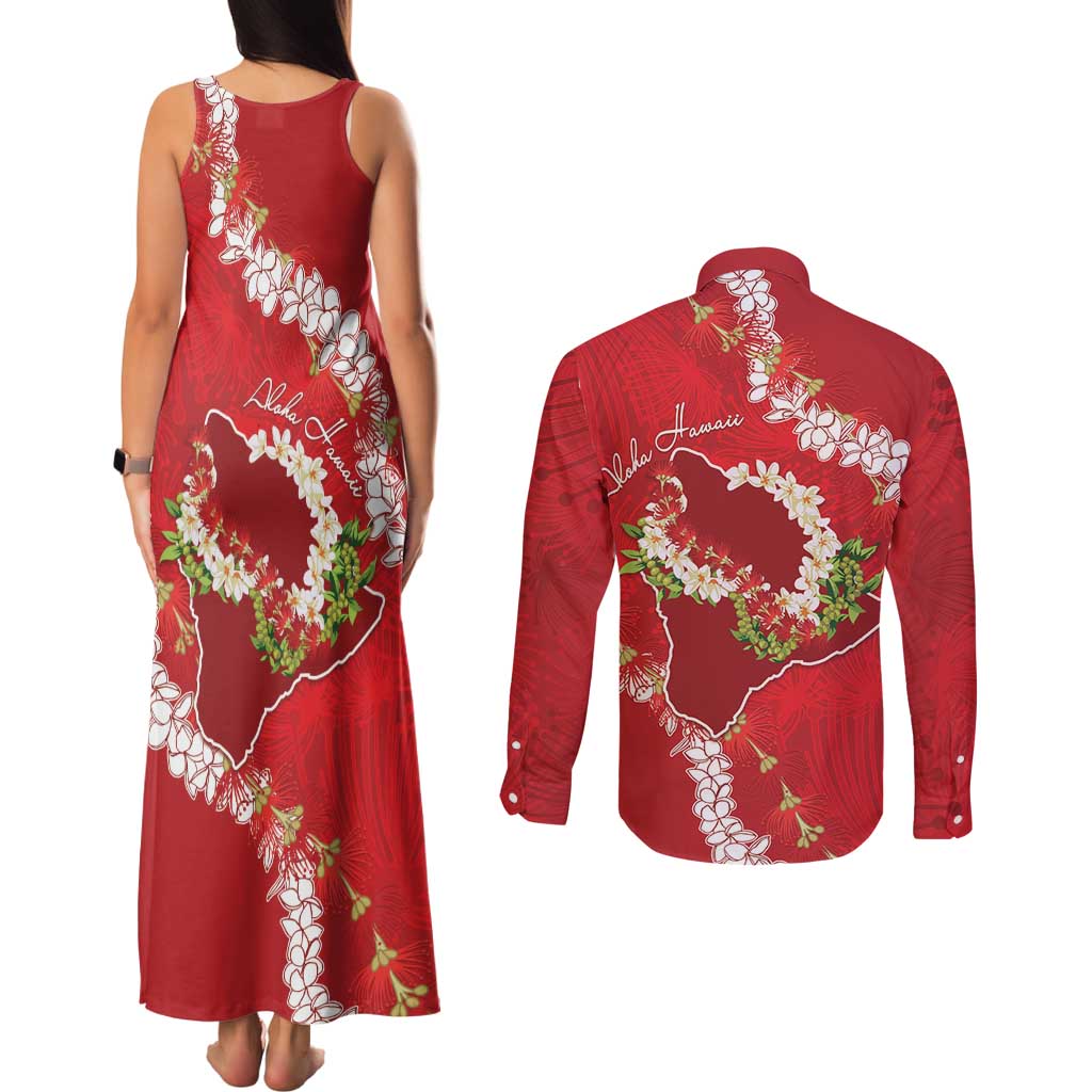 Hawaii Island Flowers Lei Couples Matching Tank Maxi Dress and Long Sleeve Button Shirt Ohia Lehua Scarlet Red LT7 - Polynesian Pride