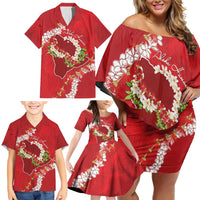 Hawaii Island Flowers Lei Family Matching Off Shoulder Short Dress and Hawaiian Shirt Ohia Lehua Scarlet Red LT7 - Polynesian Pride