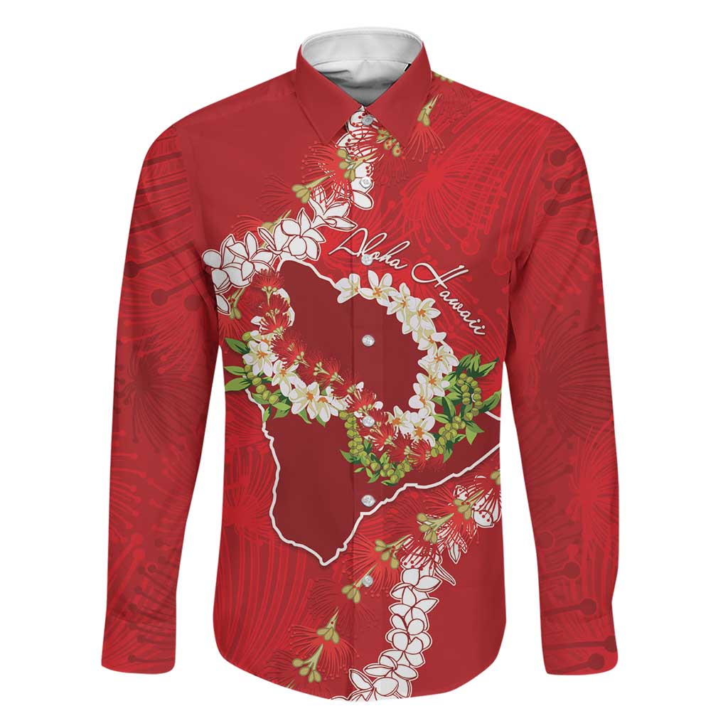 Hawaii Island Flowers Lei Family Matching Off Shoulder Short Dress and Hawaiian Shirt Ohia Lehua Scarlet Red LT7 Dad's Shirt - Long Sleeve Red - Polynesian Pride