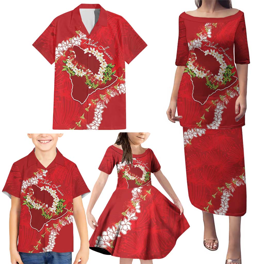 Hawaii Island Flowers Lei Family Matching Puletasi and Hawaiian Shirt Ohia Lehua Scarlet Red LT7 - Polynesian Pride