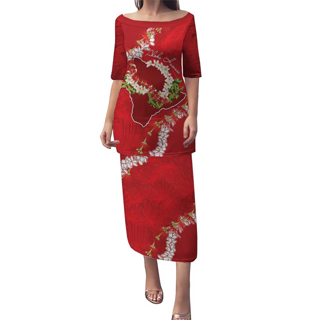 Hawaii Island Flowers Lei Family Matching Puletasi and Hawaiian Shirt Ohia Lehua Scarlet Red LT7 Mom's Dress Red - Polynesian Pride