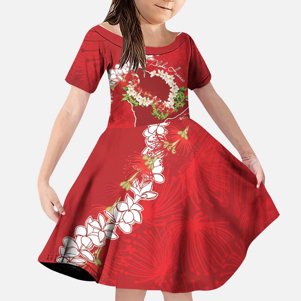 Hawaii Island Flowers Lei Family Matching Short Sleeve Bodycon Dress and Hawaiian Shirt Ohia Lehua Scarlet Red LT7 Daughter's Dress Red - Polynesian Pride