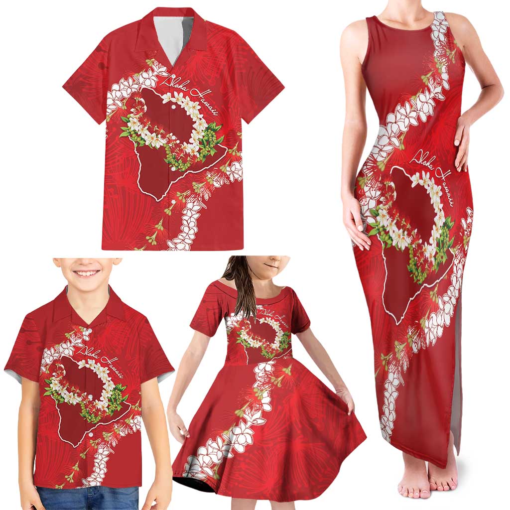 Hawaii Island Flowers Lei Family Matching Tank Maxi Dress and Hawaiian Shirt Ohia Lehua Scarlet Red LT7 - Polynesian Pride