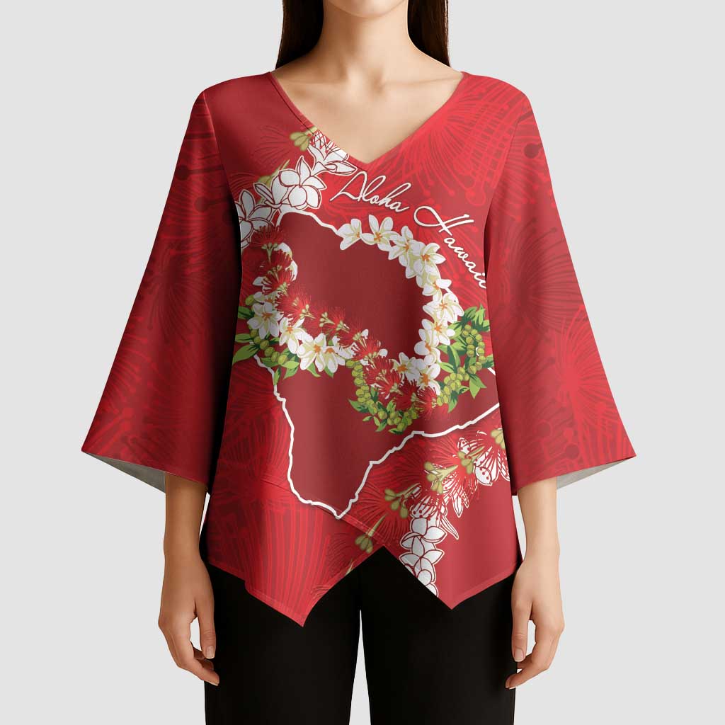 Hawaii Island Flowers Lei Kimono Sleeve Blouse Ohia Lehua Scarlet Red