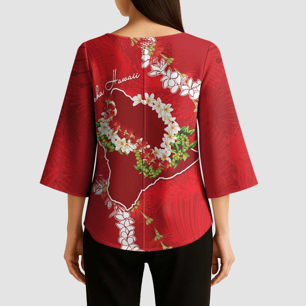 Hawaii Island Flowers Lei Kimono Sleeve Blouse Ohia Lehua Scarlet Red