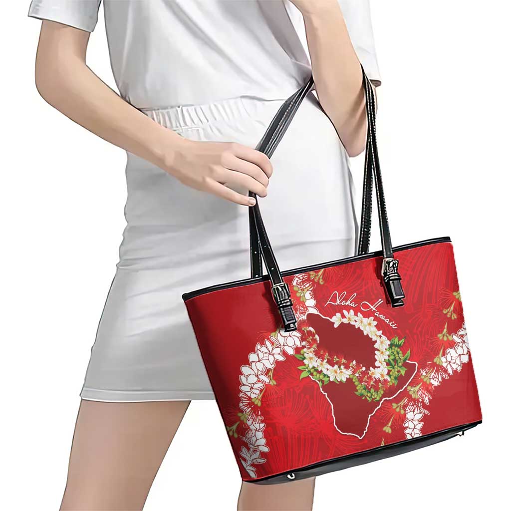 Hawaii Island Flowers Lei Leather Tote Bag Ohia Lehua Scarlet Red