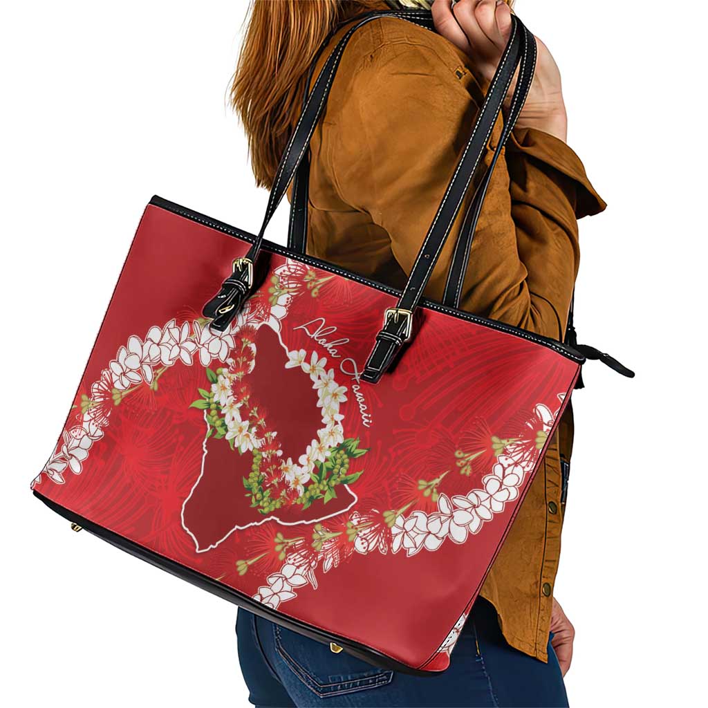 Hawaii Island Flowers Lei Leather Tote Bag Ohia Lehua Scarlet Red