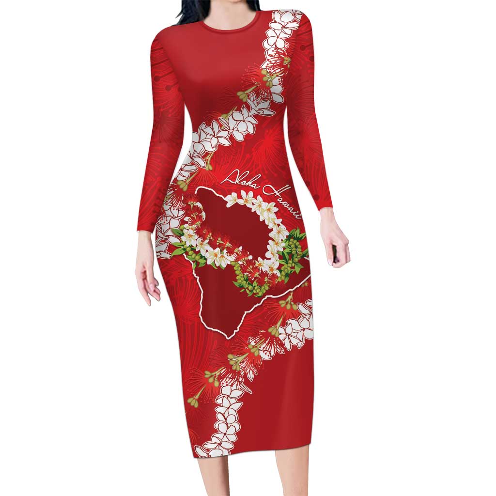 Hawaii Island Flowers Lei Long Sleeve Bodycon Dress Ohia Lehua Scarlet Red
