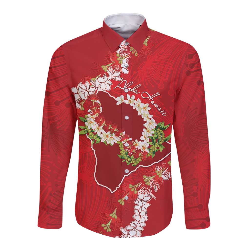Hawaii Island Flowers Lei Long Sleeve Button Shirt Ohia Lehua Scarlet Red