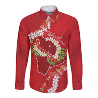 Hawaii Island Flowers Lei Long Sleeve Button Shirt Ohia Lehua Scarlet Red