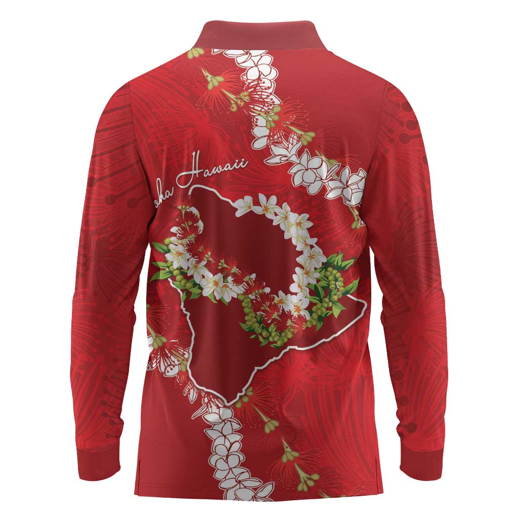 Hawaii Island Flowers Lei Long Sleeve Polo Shirt Ohia Lehua Scarlet Red