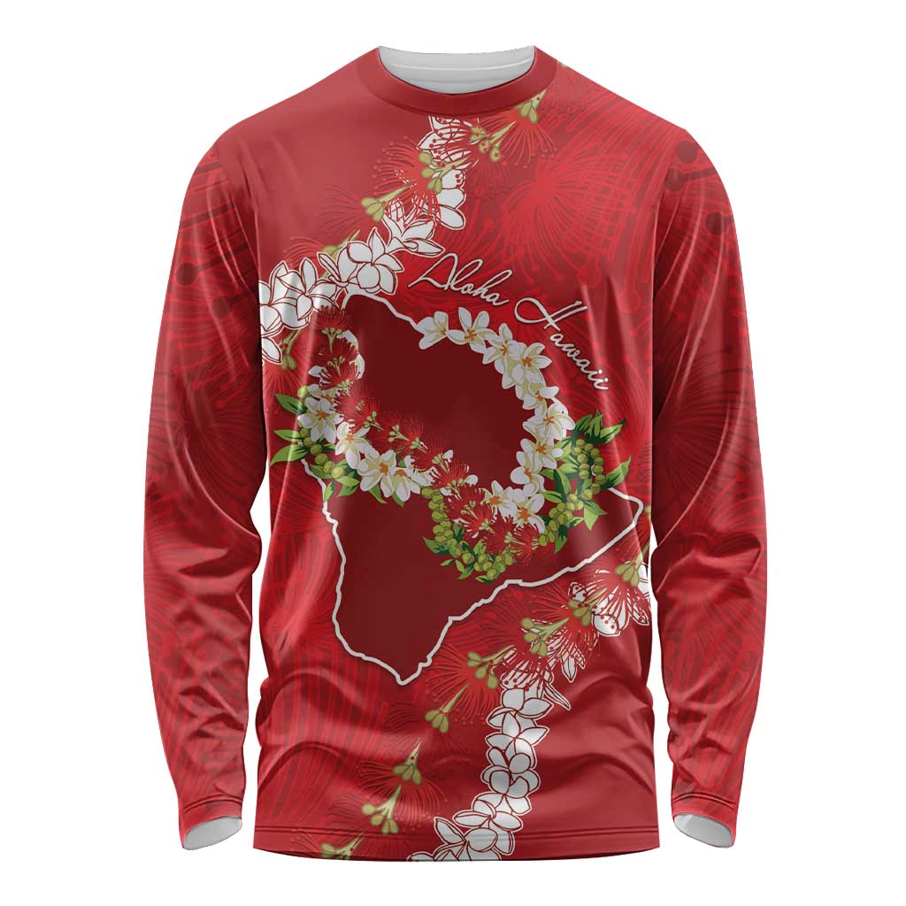 Hawaii Island Flowers Lei Long Sleeve Shirt Ohia Lehua Scarlet Red