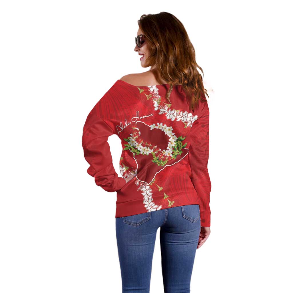 Hawaii Island Flowers Lei Off Shoulder Sweater Ohia Lehua Scarlet Red