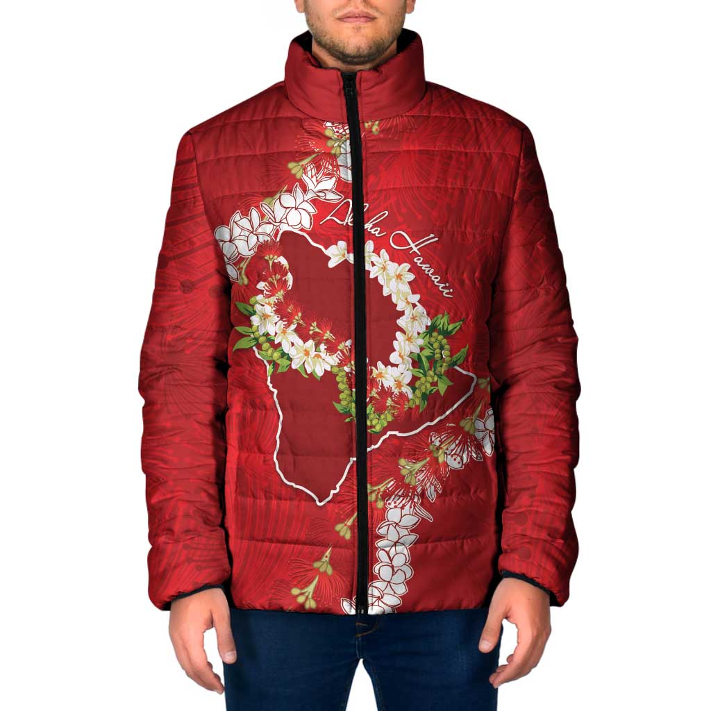 Hawaii Island Flowers Lei Padded Jacket Ohia Lehua Scarlet Red