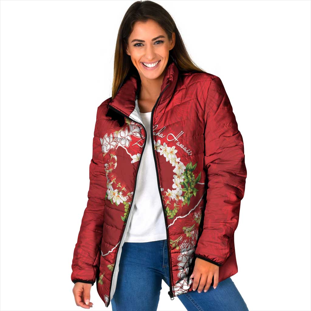 Hawaii Island Flowers Lei Padded Jacket Ohia Lehua Scarlet Red