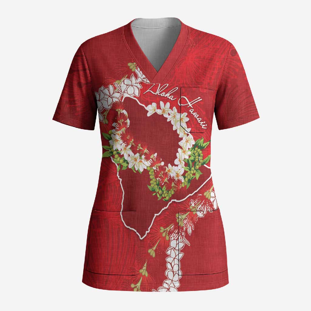 Hawaii Island Flowers Lei Scrub Top Ohia Lehua Scarlet Red