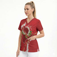 Hawaii Island Flowers Lei Scrub Top Ohia Lehua Scarlet Red