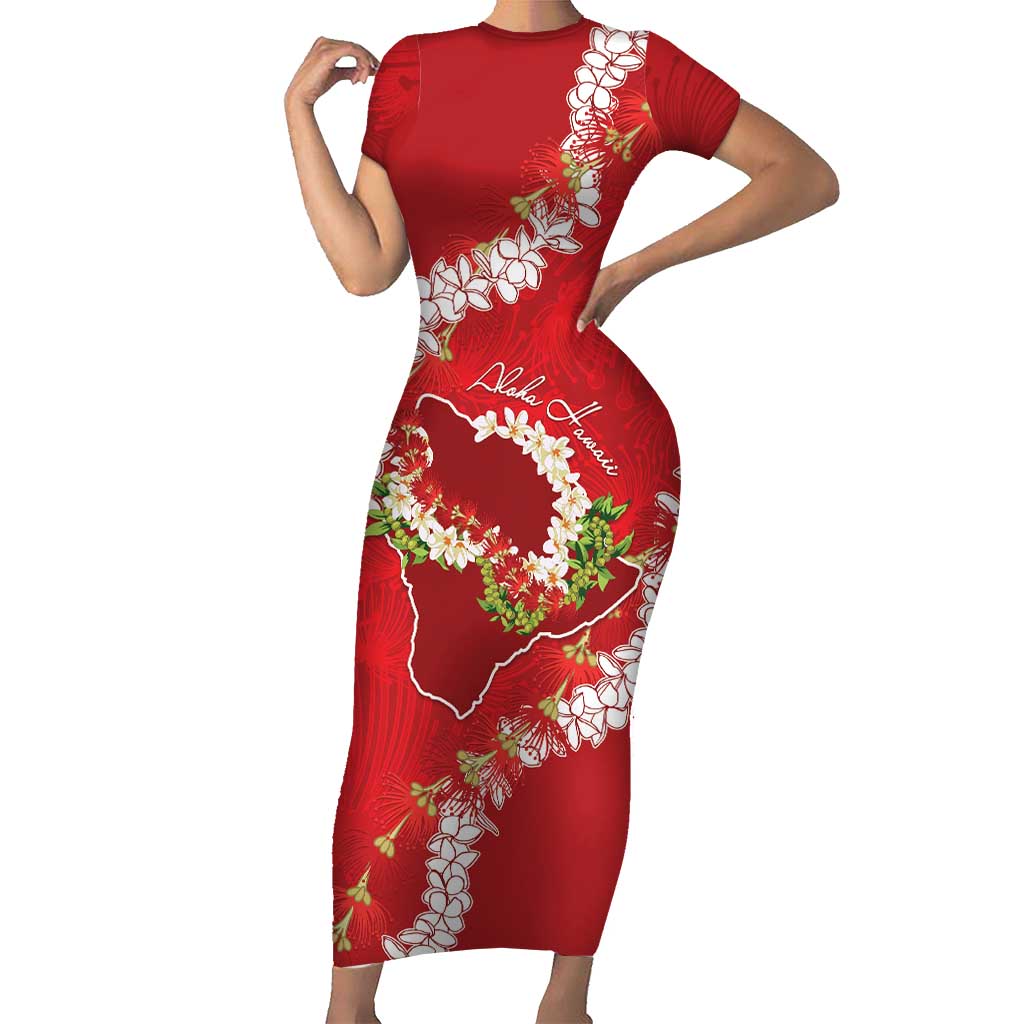 Hawaii Island Flowers Lei Short Sleeve Bodycon Dress Ohia Lehua Scarlet Red