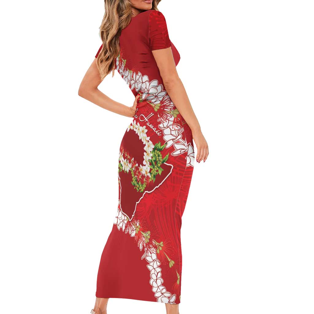 Hawaii Island Flowers Lei Short Sleeve Bodycon Dress Ohia Lehua Scarlet Red