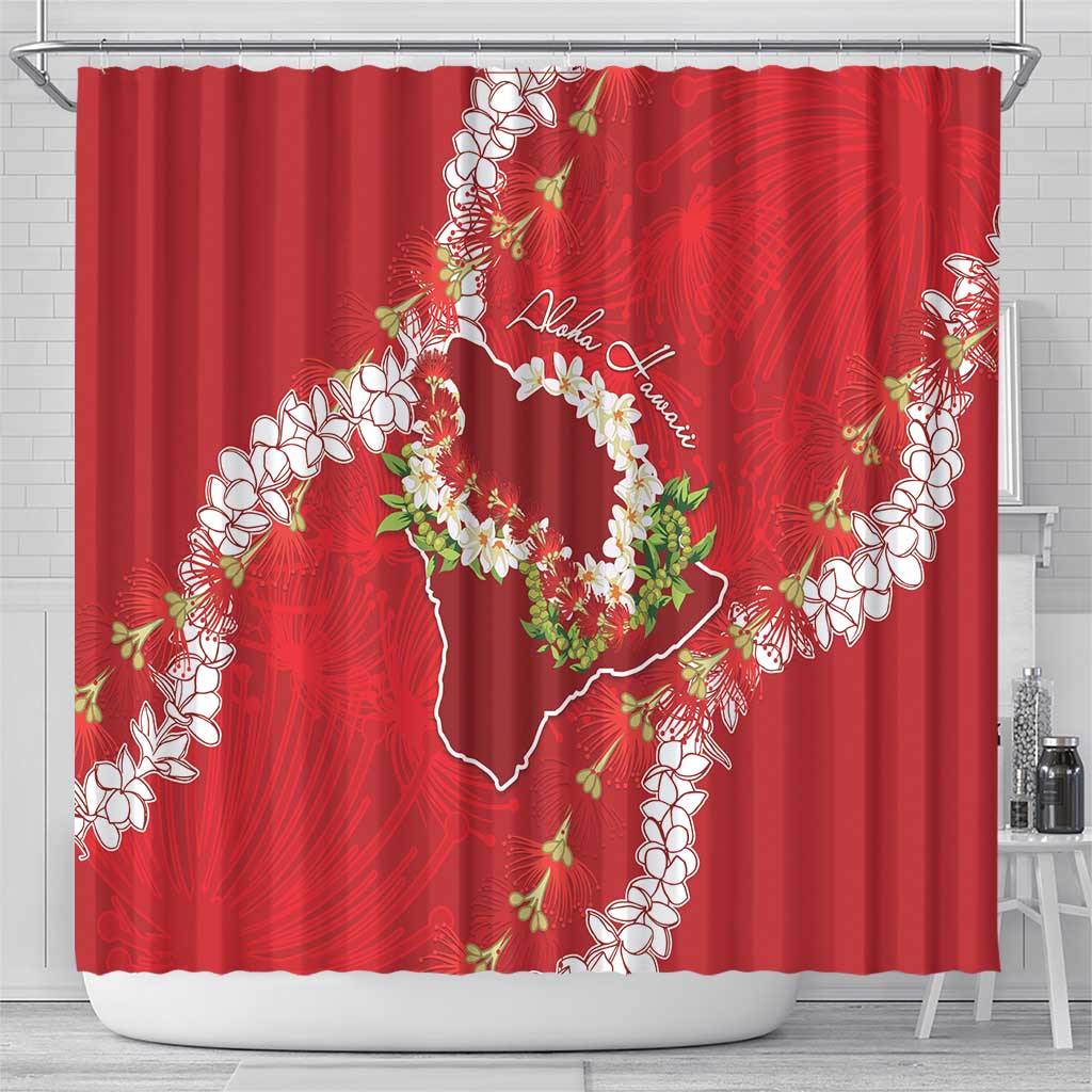 Hawaii Island Flowers Lei Shower Curtain Ohia Lehua Scarlet Red