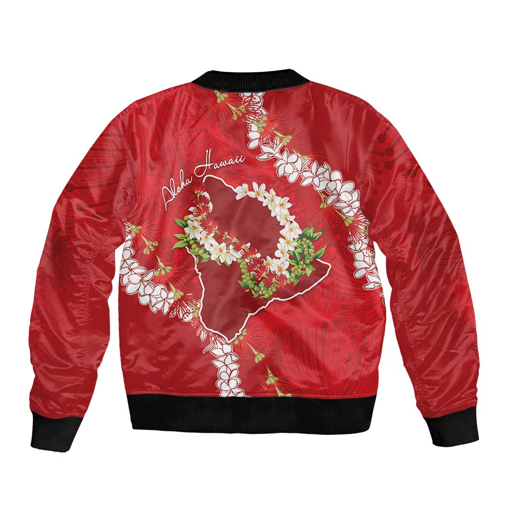 Hawaii Island Flowers Lei Sleeve Zip Bomber Jacket Ohia Lehua Scarlet Red