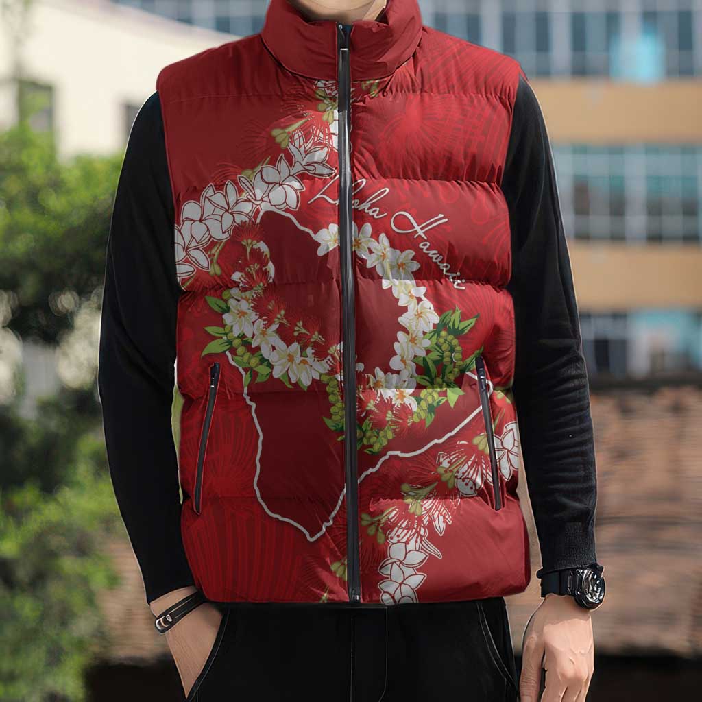 Hawaii Island Flowers Lei Sleeveless Puffer Jacket Ohia Lehua Scarlet Red