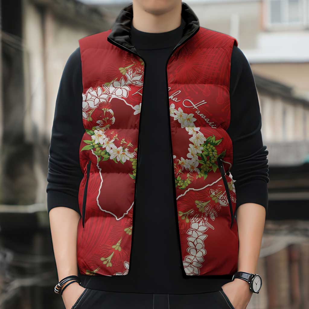 Hawaii Island Flowers Lei Sleeveless Puffer Jacket Ohia Lehua Scarlet Red