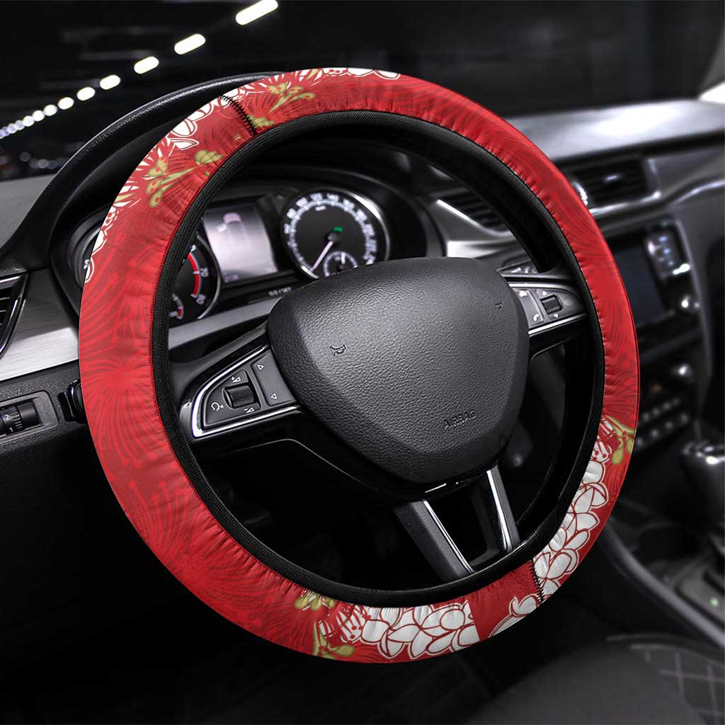 Hawaii Island Flowers Lei Steering Wheel Cover Ohia Lehua Scarlet Red