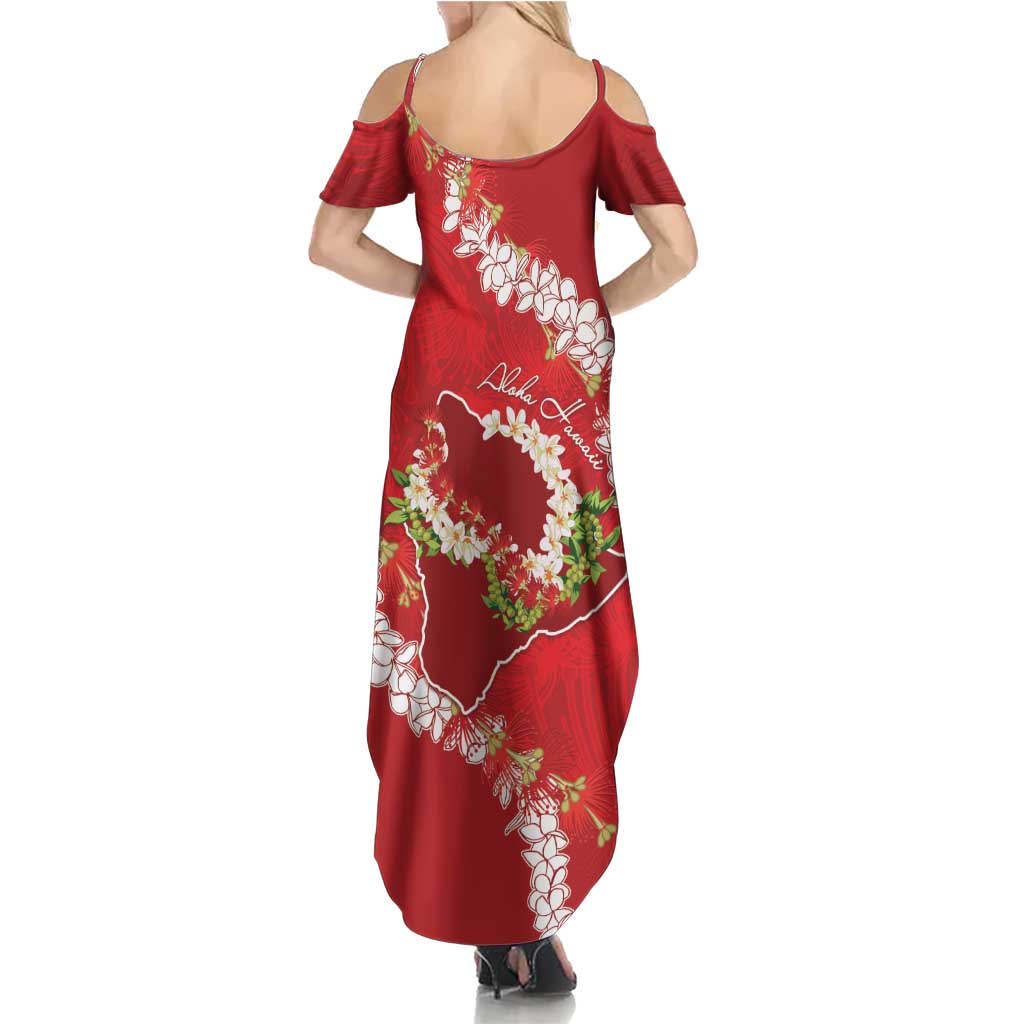 Hawaii Island Flowers Lei Summer Maxi Dress Ohia Lehua Scarlet Red