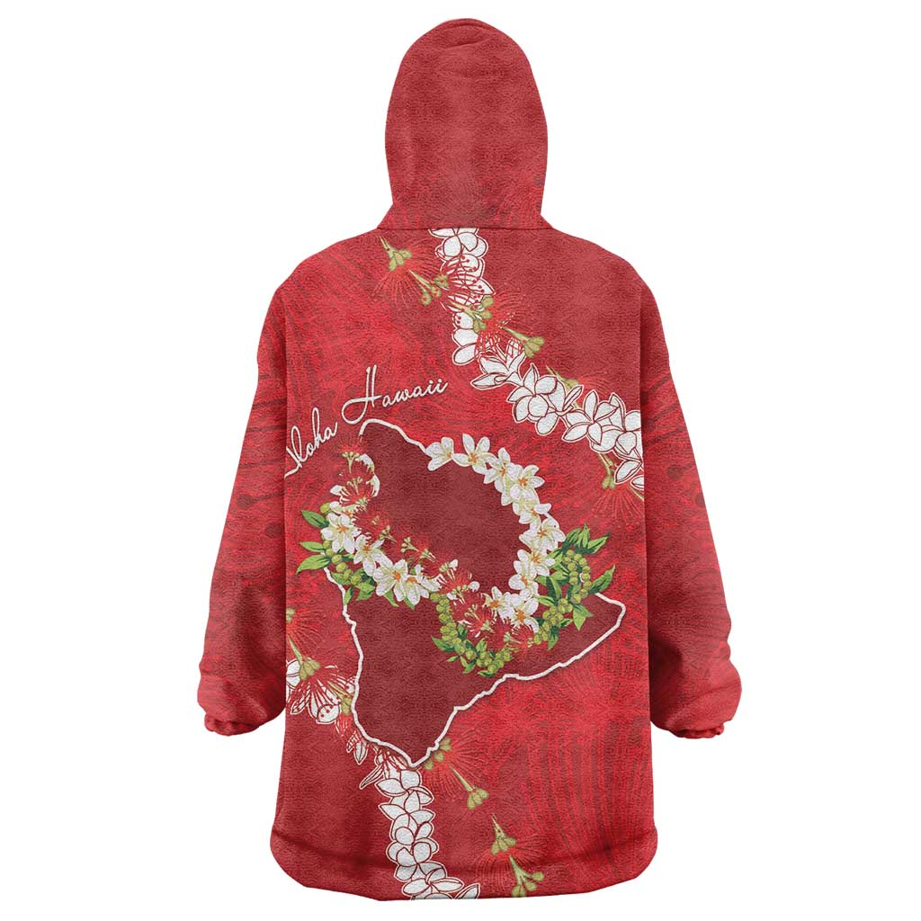 Hawaii Island Flowers Lei Wearable Blanket Hoodie Ohia Lehua Scarlet Red