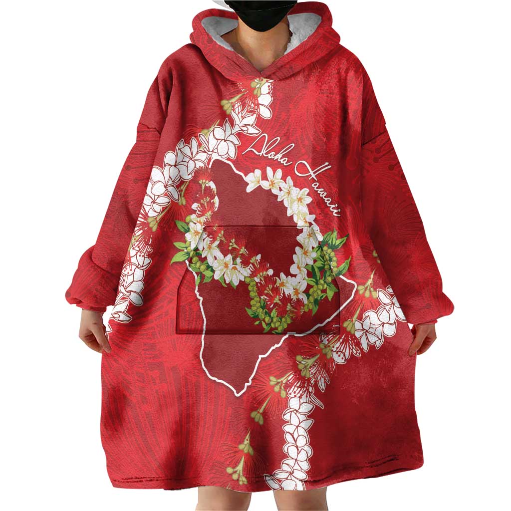 Hawaii Island Flowers Lei Wearable Blanket Hoodie Ohia Lehua Scarlet Red