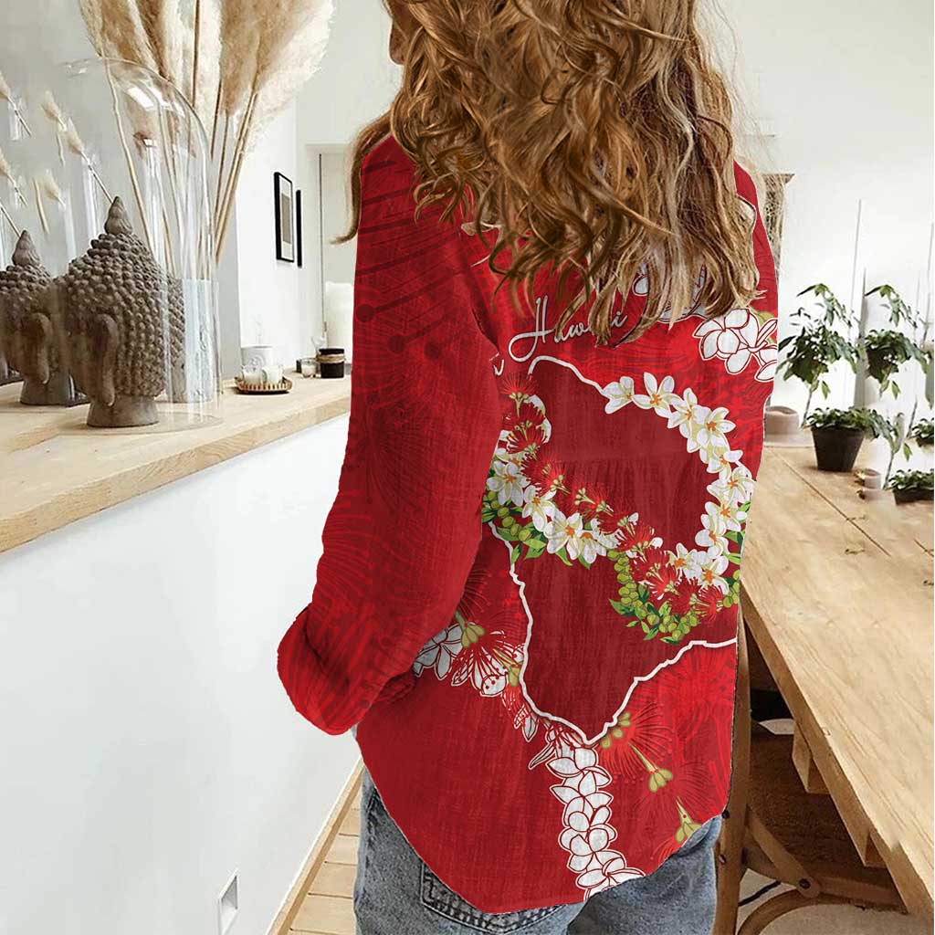 Hawaii Island Flowers Lei Women Casual Shirt Ohia Lehua Scarlet Red LT7 - Polynesian Pride