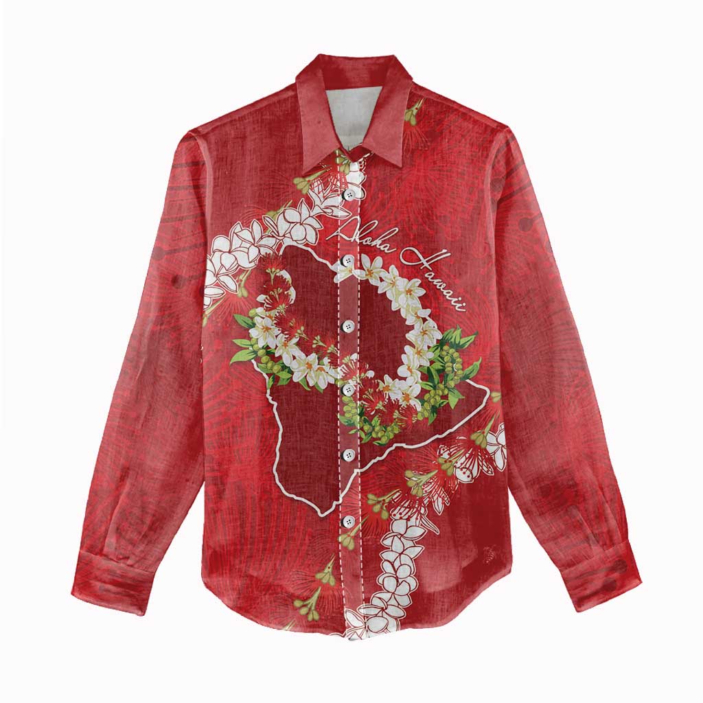 Hawaii Island Flowers Lei Women Casual Shirt Ohia Lehua Scarlet Red LT7 - Polynesian Pride