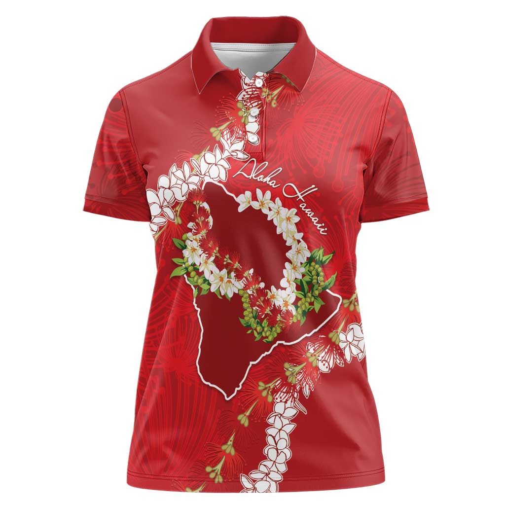 Hawaii Island Flowers Lei Women Polo Shirt Ohia Lehua Scarlet Red