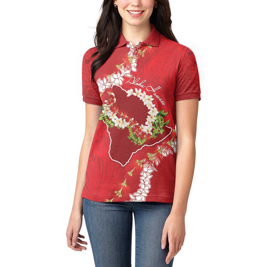 Hawaii Island Flowers Lei Women Polo Shirt Ohia Lehua Scarlet Red LT7 - Polynesian Pride