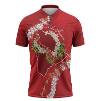 Hawaii Island Flowers Lei Zipper Polo Shirt Ohia Lehua Scarlet Red