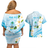 Guam Chamorro Guasali Flowers Couples Matching Off Shoulder Short Dress and Hawaiian Shirt Aqua Gradient
