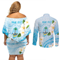 Guam Chamorro Guasali Flowers Couples Matching Off Shoulder Short Dress and Long Sleeve Button Shirt Aqua Gradient