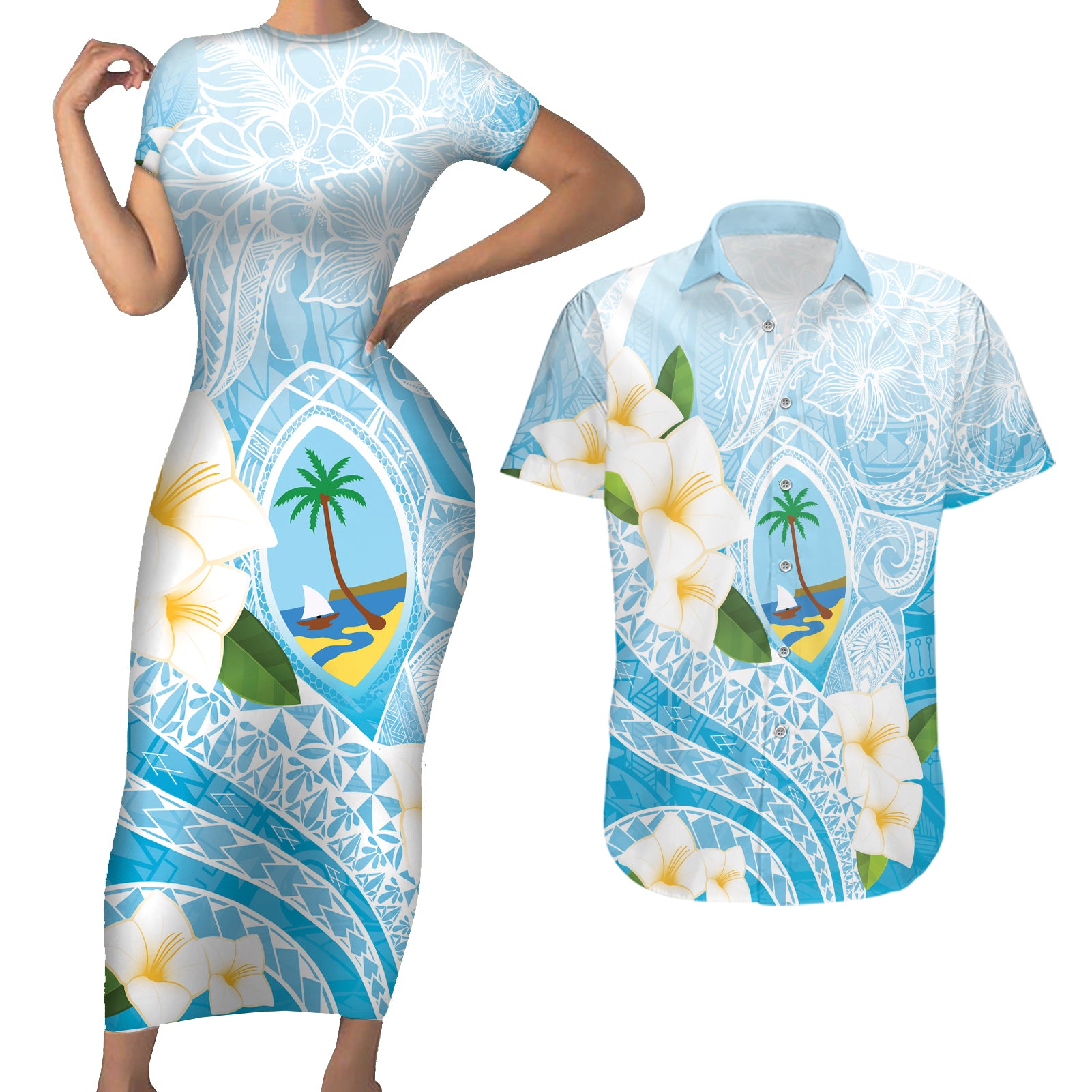 Guam Chamorro Guasali Flowers Couples Matching Short Sleeve Bodycon Dress and Hawaiian Shirt Aqua Gradient