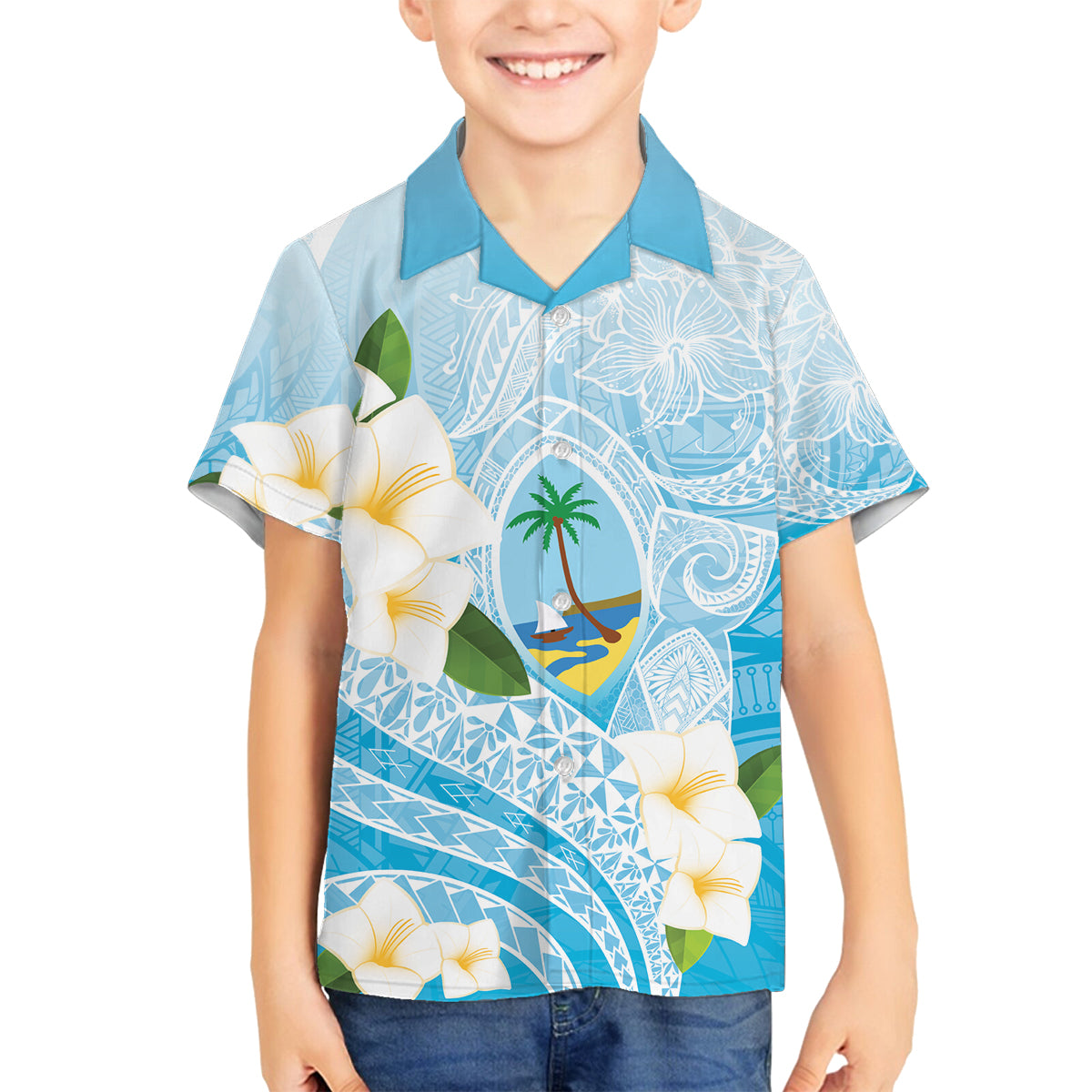 Guam Chamorro Guasali Flowers Family Matching Off Shoulder Short Dress and Hawaiian Shirt Aqua Gradient