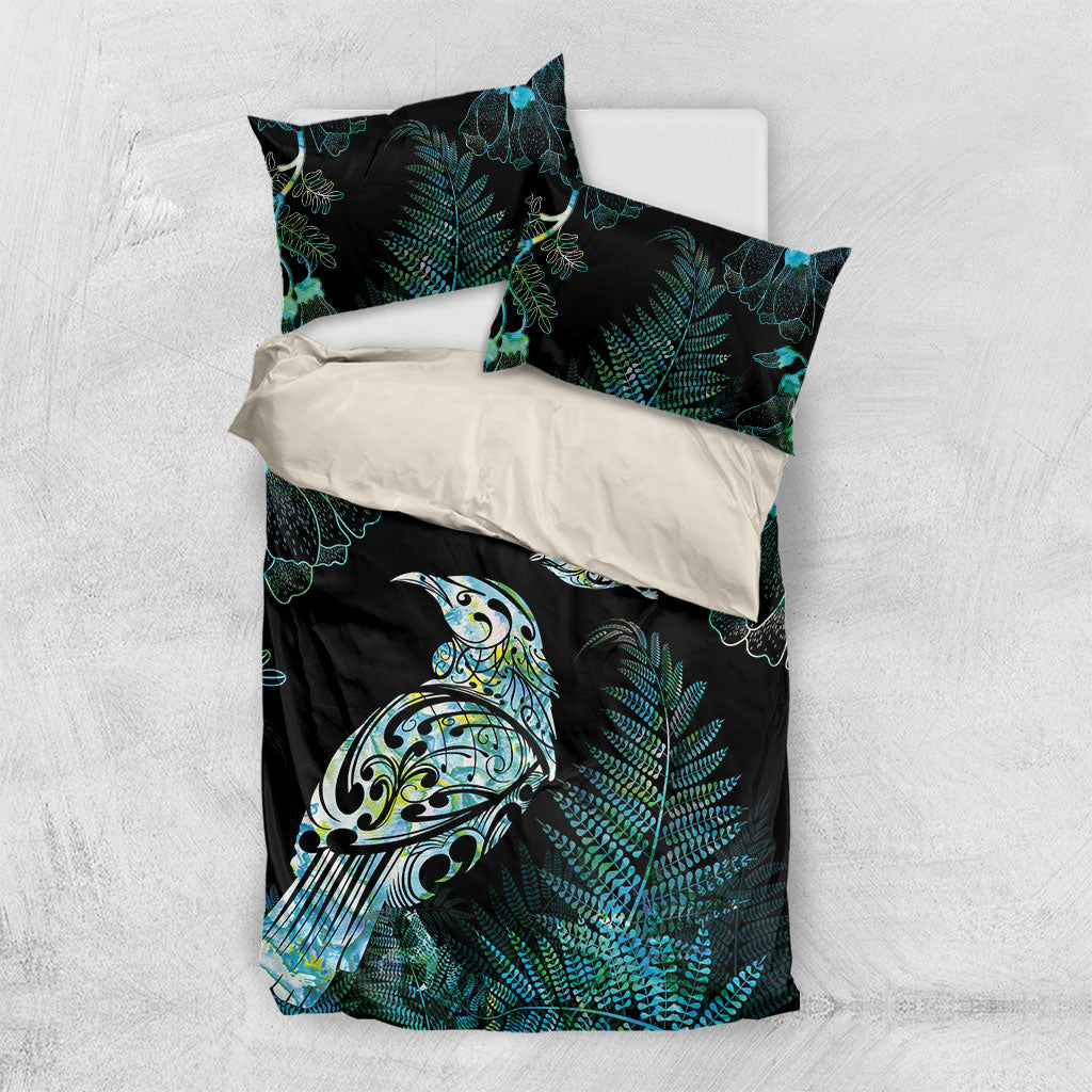 Aotearoa Maori Mahuru Bedding Set Spring Time - Paua Shell Green LT7 US Twin 172cm x 218cm Black - Polynesian Pride