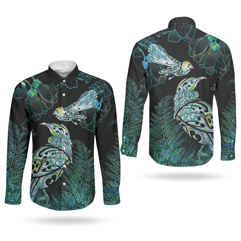 Aotearoa Maori Mahuru Couples Matching Long Sleeve Bodycon Dress and Long Sleeve Button Shirt Spring Time - Paua Shell Green LT7 - Polynesian Pride