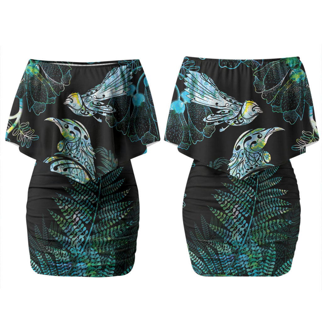 Aotearoa Maori Mahuru Couples Matching Off Shoulder Short Dress and Hawaiian Shirt Spring Time - Paua Shell Green LT7 - Polynesian Pride