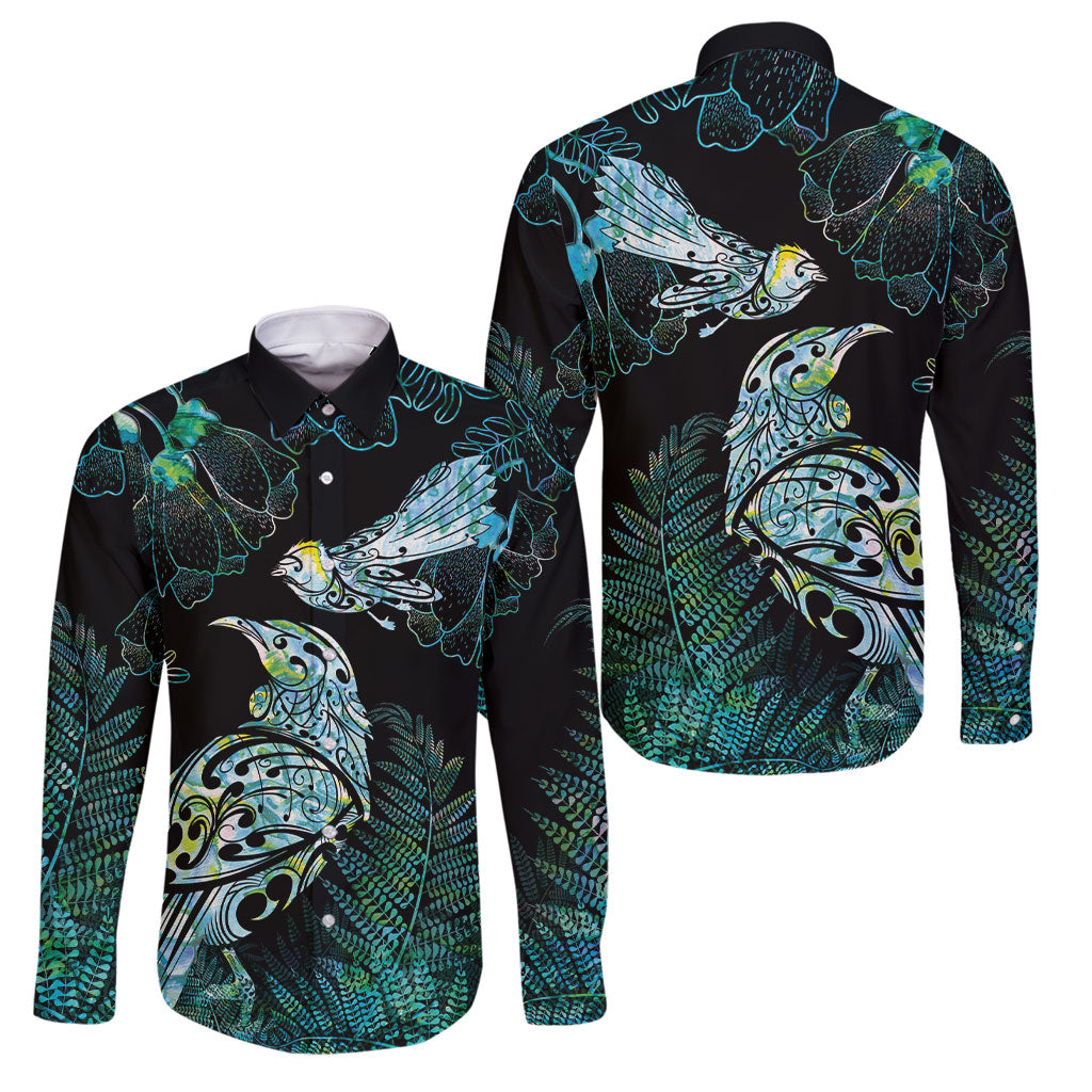 Aotearoa Maori Mahuru Family Matching Mermaid Dress and Hawaiian Shirt Spring Time - Paua Shell Green LT7 Dad's Shirt - Long Sleeve Black - Polynesian Pride