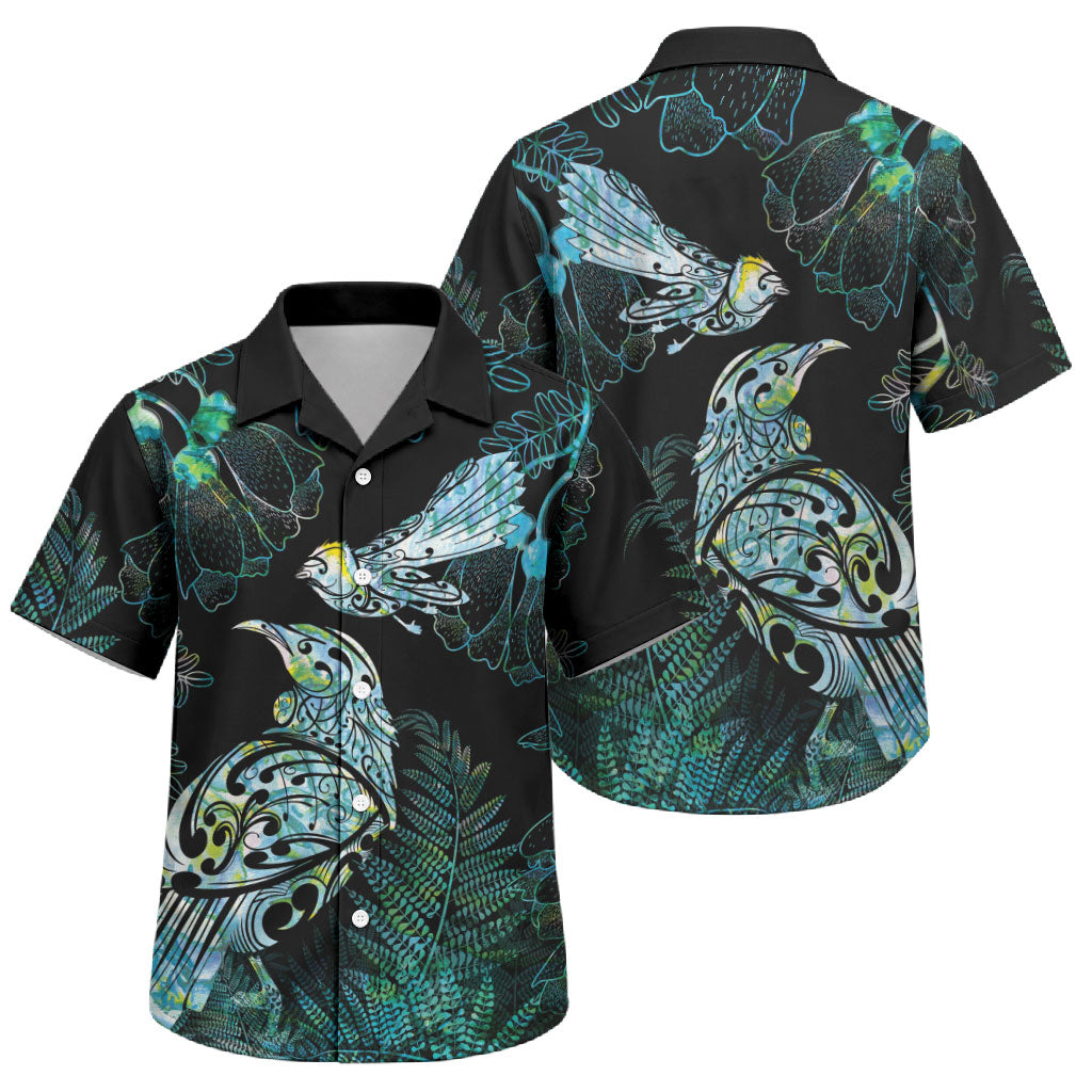 Aotearoa Maori Mahuru Family Matching Off Shoulder Short Dress and Hawaiian Shirt Spring Time - Paua Shell Green LT7 Son's Shirt Black - Polynesian Pride