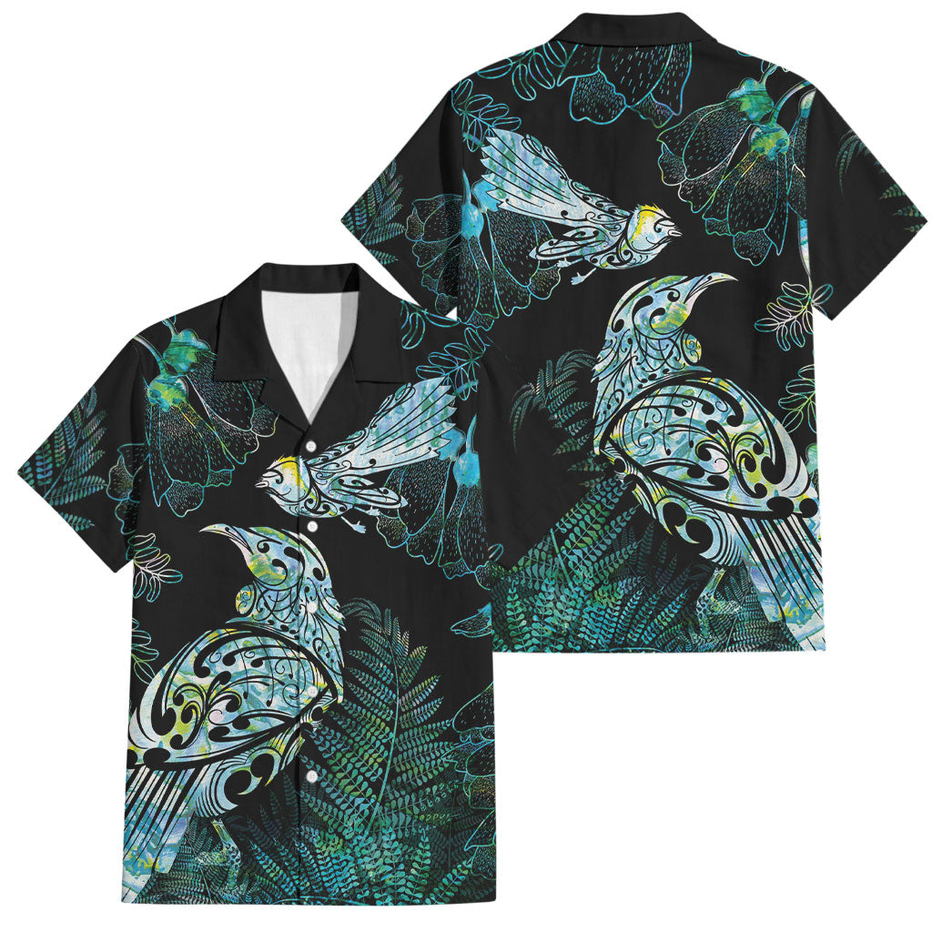 Aotearoa Maori Mahuru Family Matching Short Sleeve Bodycon Dress and Hawaiian Shirt Spring Time - Paua Shell Green LT7 Dad's Shirt - Short Sleeve Black - Polynesian Pride