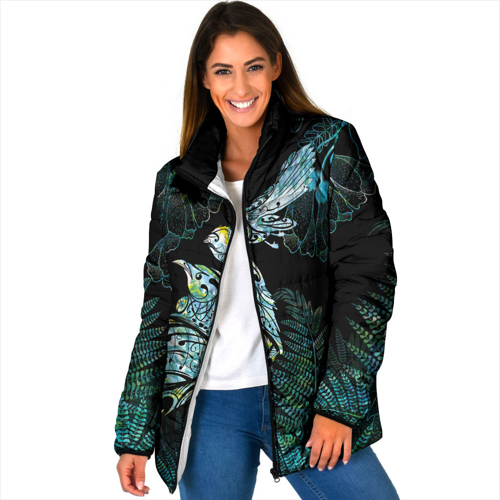 Aotearoa Maori Mahuru Padded Jacket Spring Time - Paua Shell Green LT7 Women Black - Polynesian Pride