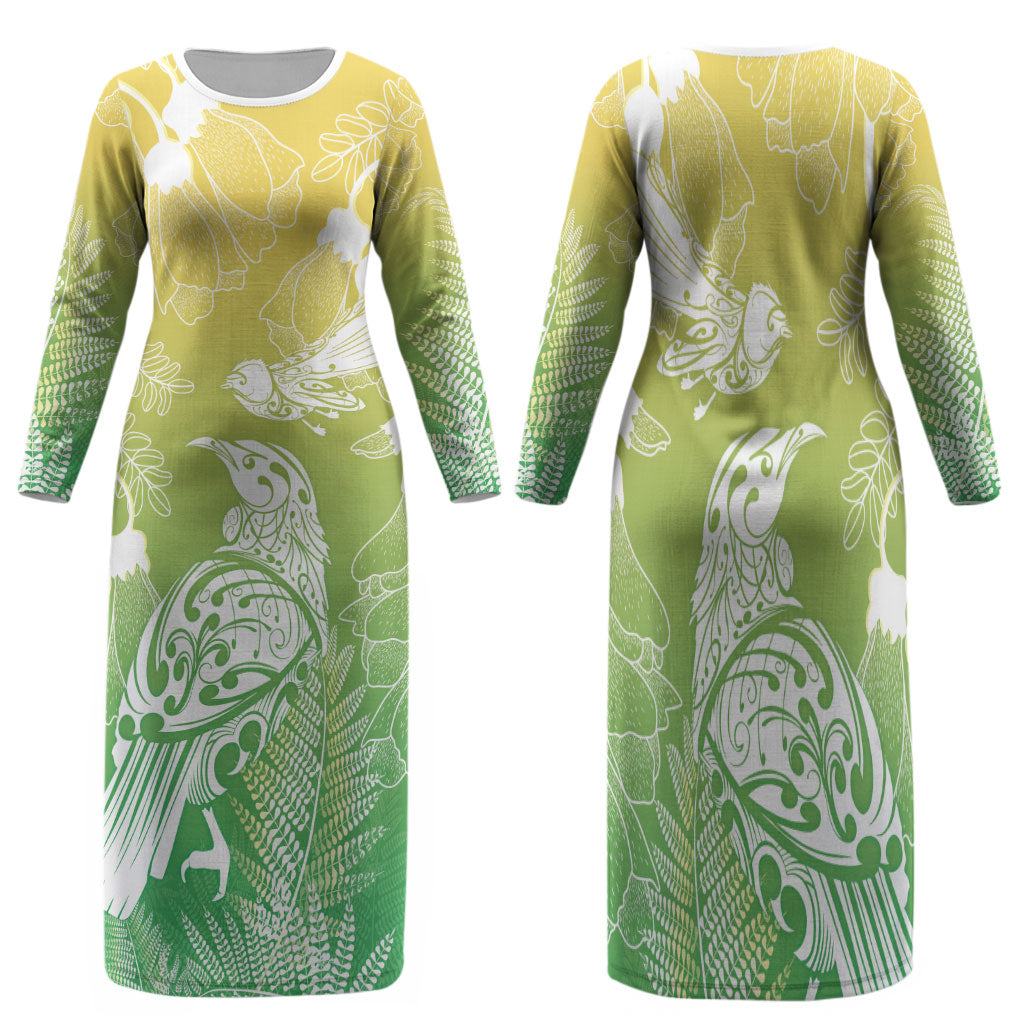 Aotearoa Maori Mahuru Tui With Pikawakawa Family Matching Long Sleeve Bodycon Dress and Hawaiian Shirt Spring Time LT7 Mom's Dress Green - Polynesian Pride